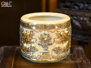 Bát hương men hoàng tộc đắp nổi Rồng Như Ý vẽ vàng 24k, đường kính 18cm