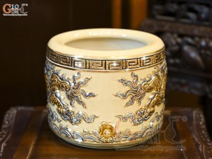 Bát hương men hoàng tộc đắp nổi Rồng Như Ý vẽ vàng 24k, đường kính 18cm