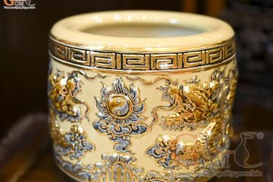 Bát hương men hoàng tộc đắp nổi Rồng Như Ý vẽ vàng 24k, đường kính 18cm