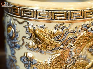 Bát hương men hoàng tộc đắp nổi Rồng Như Ý vẽ vàng 24k, đường kính 18cm