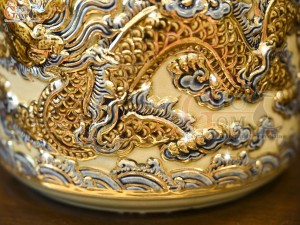Bát hương men hoàng tộc đắp nổi Rồng Như Ý vẽ vàng 24k, đường kính 18cm