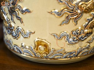 Bát hương men hoàng tộc đắp nổi Rồng Như Ý vẽ vàng 24k, đường kính 18cm