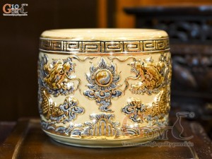 Bát hương men hoàng thổ đắp nổi Rồng Như Ý vẽ vàng 24k, đường kính 20cm