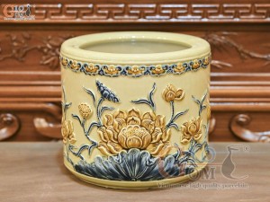 Bát hương men hoàng tộc đắp nổi Sen Cát Tường viền hoa, đường kính 20cm