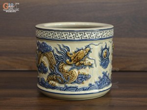 Bát hương men hoàng tộc đắp nổi Rồng Phúc Mãn, đường kính 20cm