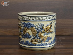 Bát hương men hoàng tộc đắp nổi Rồng Phúc Mãn, đường kính 20cm