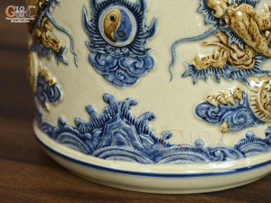 Bát hương men hoàng tộc đắp nổi Rồng Phúc Mãn, đường kính 20cm