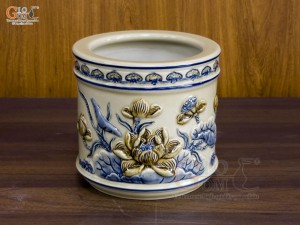 Bát hương men hoàng tộc đắp nổi Sen, đường kính 16cm