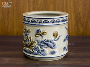 Bát hương men hoàng tộc đắp nổi Sen, đường kính 16cm