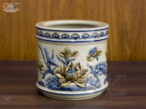 Bát hương men hoàng tộc đắp nổi Sen, đường kính 16cm