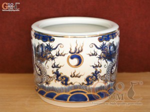 Bát hương men lam cổ họa tiết Rồng vẽ Vàng 24k, đường kính 30cm