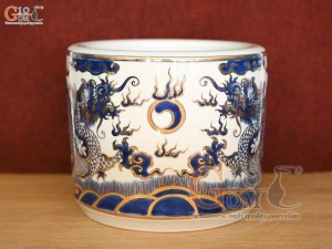 Bát hương men lam cổ họa tiết Rồng vẽ Vàng 24k, đường kính 18cm