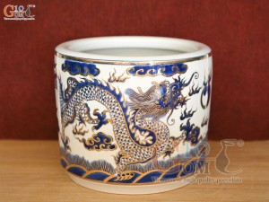 Bát hương men lam cổ họa tiết Rồng vẽ Vàng 24k, đường kính 18cm