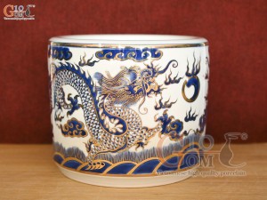 Bát hương men lam cổ họa tiết Rồng vẽ Vàng 24k, đường kính 18cm