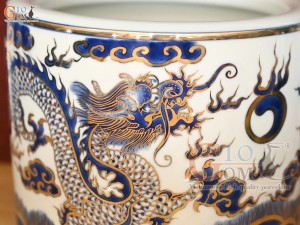 Bát hương men lam cổ họa tiết Rồng vẽ Vàng 24k, đường kính 18cm