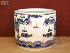 Bát hương men lam cổ họa tiết Rồng vẽ Vàng 24k, đường kính 18cm