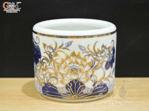 Bát hương men lam cổ sen phú quý - cát tường vẽ vàng 24k, đường kính 14cm