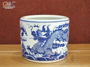 Bát hương men lam cổ vẽ Rồng Đại Phát vân vuốt, đường kính 14cm