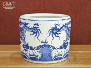 Bát hương men lam cổ vẽ Rồng Đại Phát vân vuốt, đường kính 14cm