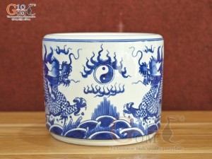 Bát hương men lam cổ vẽ Rồng Đại Phát vân vuốt, đường kính 14cm