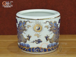 Bát hương men lam cổ vẽ Rồng Đại Phát vẽ vàng 24k, đường kính 14cm