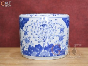 Bát hương men lam vẽ bông sen, đường kính 18cm