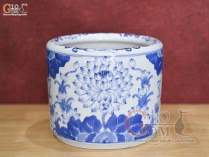 Bát hương men lam vẽ bông sen, đường kính 18cm