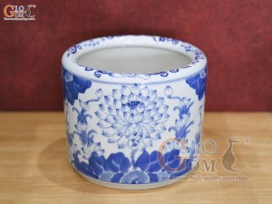 Bát hương men lam vẽ bông sen, đường kính 18cm
