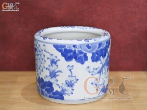Bát hương men lam vẽ bông sen, đường kính 18cm