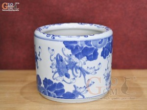 Bát hương men lam vẽ bông sen, đường kính 18cm