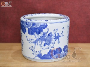 Bát hương men lam vẽ bông sen, đường kính 18cm