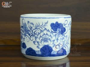 Bát hương men lam vẽ Sen Đại Cát, đường kính 27cm