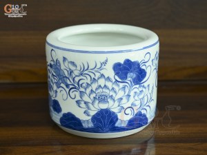 Bát hương men lam vẽ Sen Đại Cát, đường kính 27cm