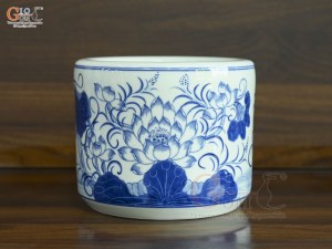 Bát hương men lam vẽ Sen Đại Cát, đường kính 18cm