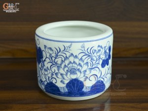 Bát hương men lam vẽ Sen Đại Cát, đường kính 27cm