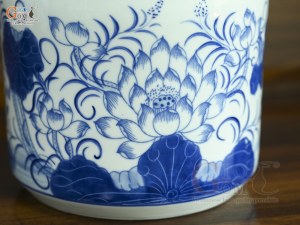 Bát hương men lam vẽ Sen Đại Cát, đường kính 27cm