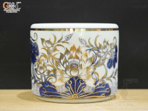 Bát hương men lam vẽ Sen Đại Cát vẽ vàng 24k, đường kính 14cm