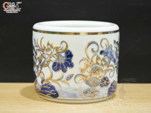 Bát hương men lam vẽ Sen Đại Cát vẽ vàng 24k, đường kính 14cm