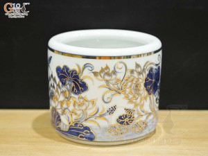 Bát hương men lam vẽ Sen Đại Cát vẽ vàng 24k, đường kính 14cm