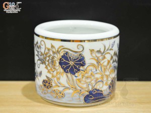 Bát hương men lam vẽ Sen Đại Cát vẽ vàng 24k, đường kính 14cm