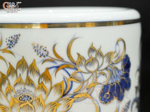 Bát hương men lam vẽ Sen Đại Cát vẽ vàng 24k, đường kính 14cm