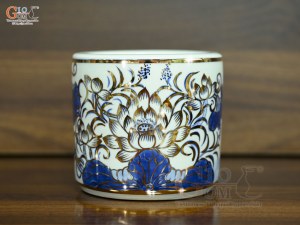 Bát hương men lam vẽ Sen Đại Cát vẽ vàng, đường kính 14cm