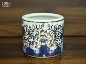 Bát hương men lam vẽ Sen Đại Cát vẽ vàng, đường kính 14cm