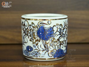 Bát hương men lam vẽ Sen Đại Cát vẽ vàng, đường kính 14cm