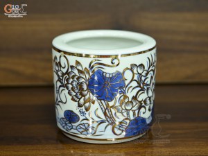 Bát hương men lam vẽ Sen Đại Cát vẽ vàng, đường kính 14cm
