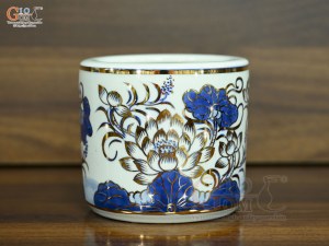 Bát hương men lam vẽ Sen Đại Cát vẽ vàng, đường kính 14cm