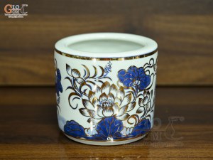 Bát hương men lam vẽ Sen Đại Cát vẽ vàng, đường kính 14cm