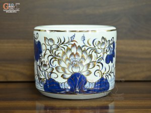 Bát hương men lam vẽ Sen Đại Cát vẽ vàng, đường kính 18cm