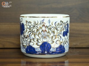 Bát hương men lam vẽ Sen Đại Cát vẽ vàng, đường kính 18cm