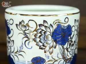 Bát hương men lam vẽ Sen Đại Cát vẽ vàng, đường kính 18cm